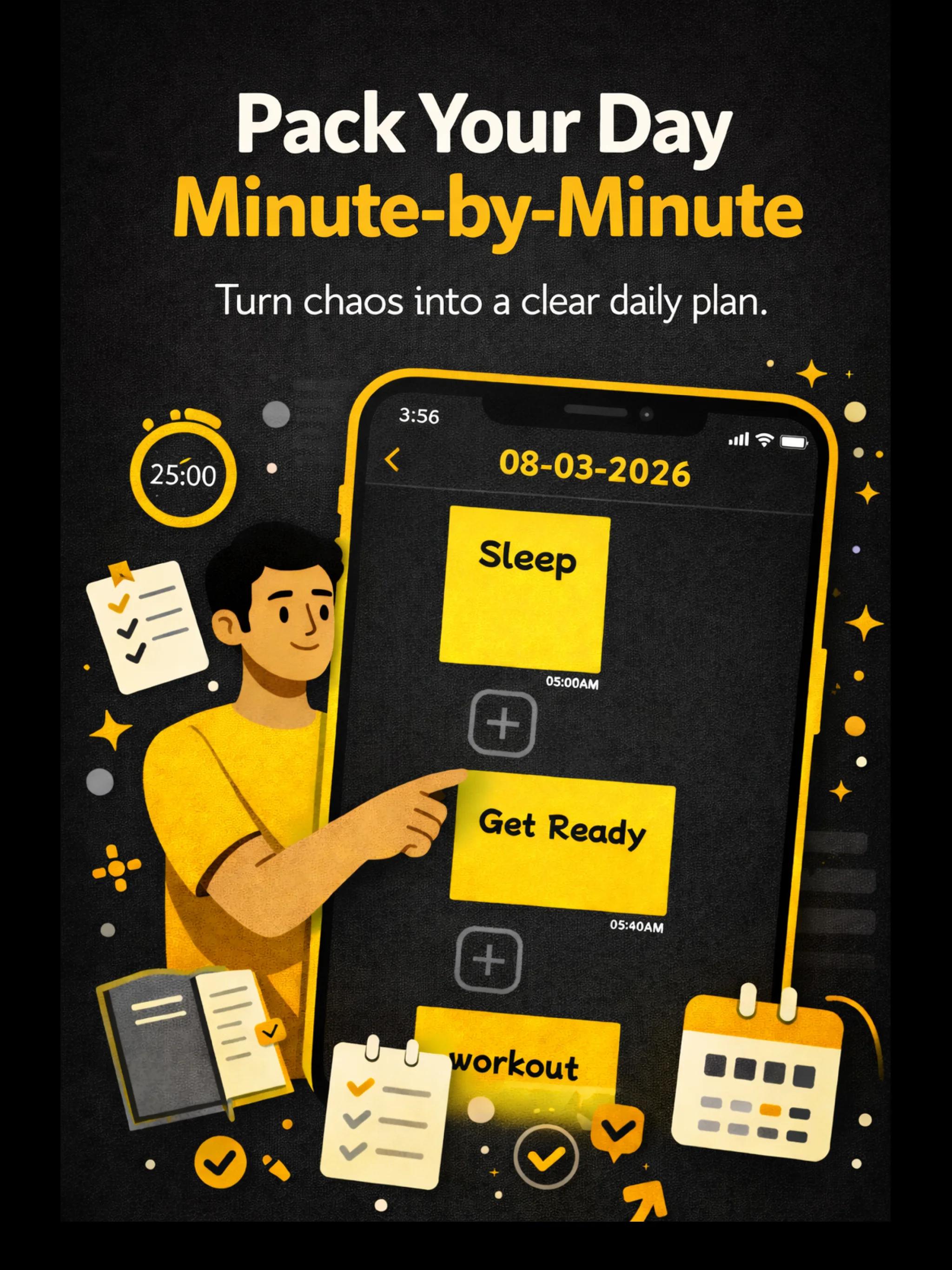 Pack Your Day concept art showing a person pointing at the mobile app and planning tools.