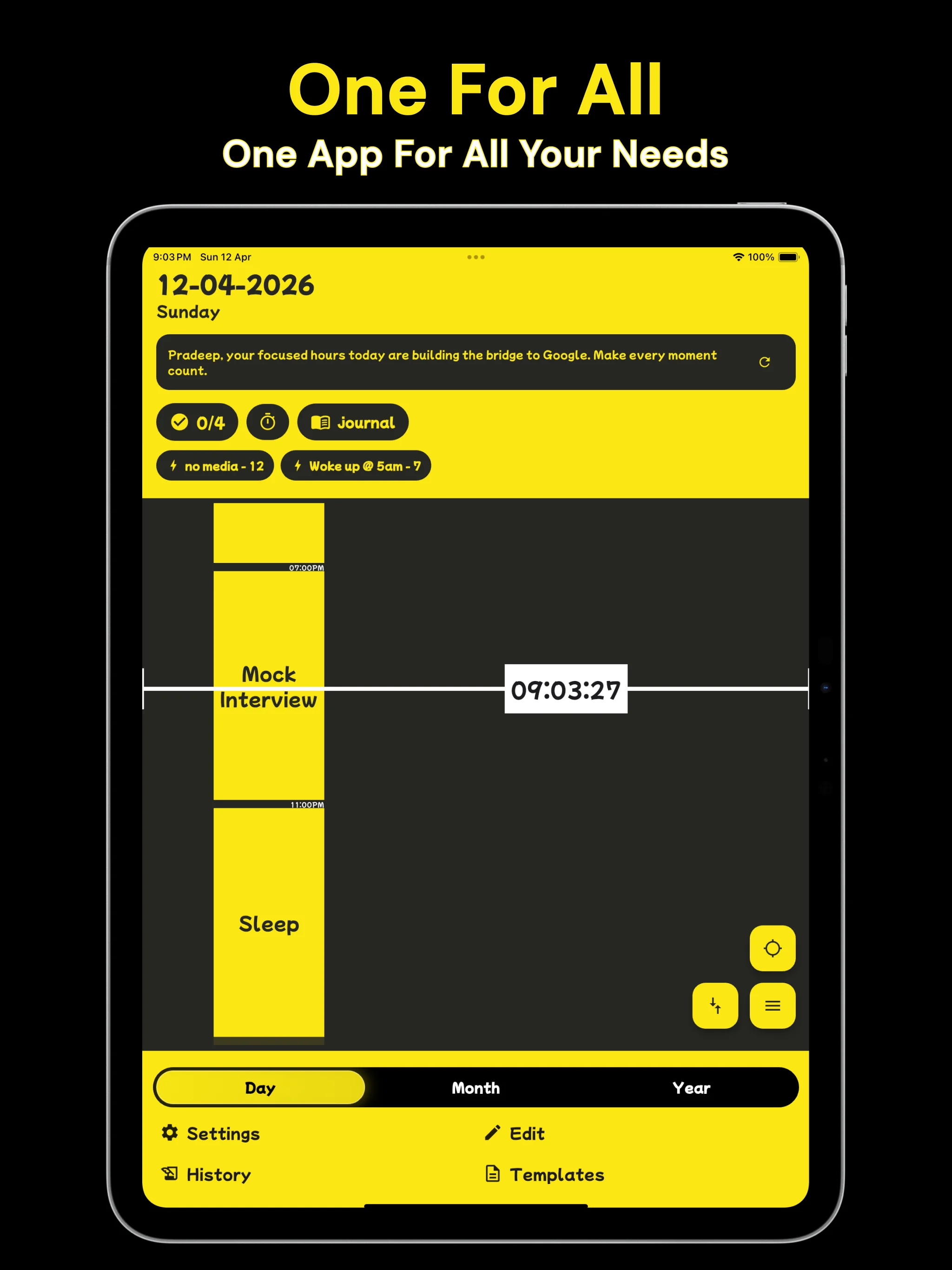 Pack Your Day home screen showing journal, habit streaks, tasks, subtasks, and planning shortcuts.