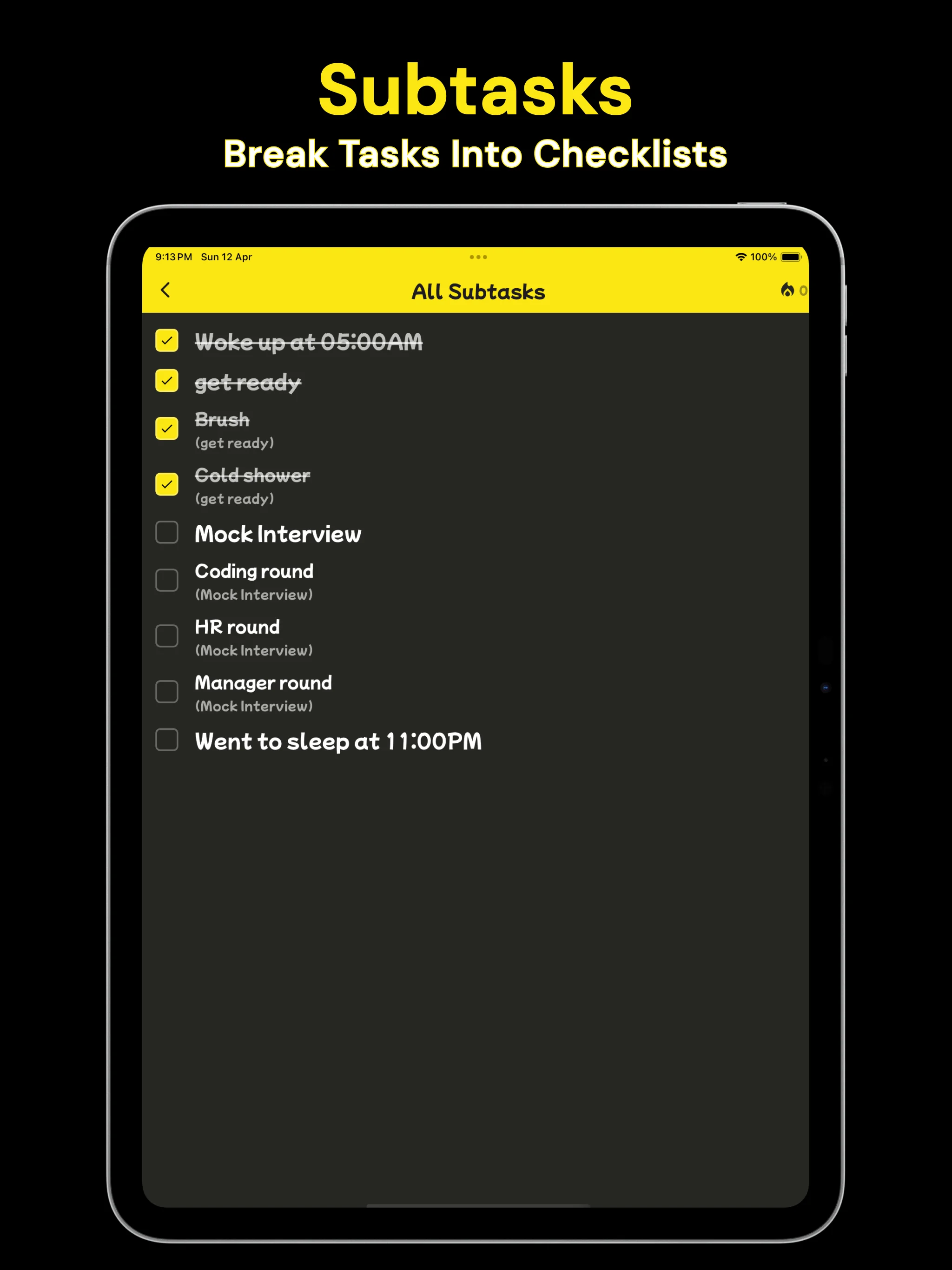 Pack Your Day all subtasks page showing subtasks gathered into one checklist view.
