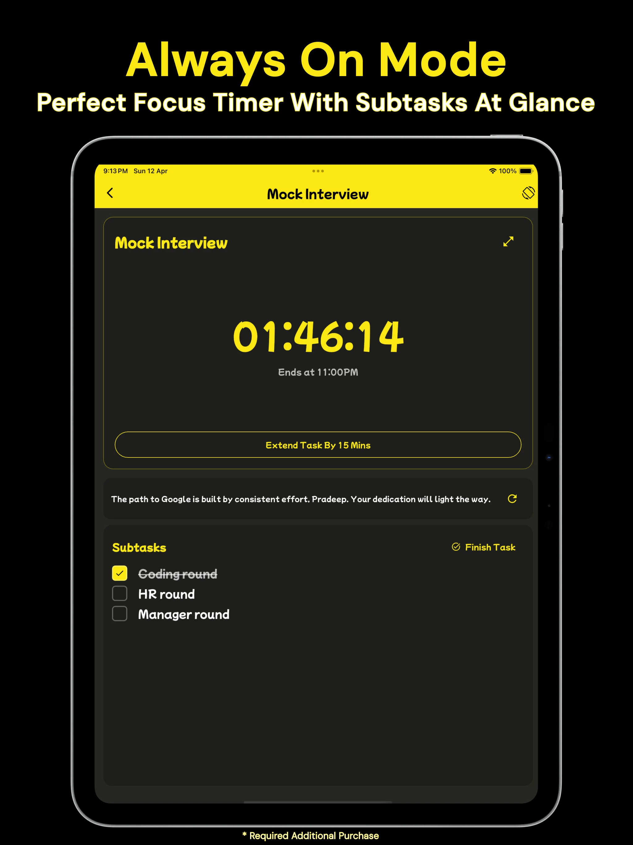 Pack Your Day full screen always on focus timer with subtasks visible at a glance.