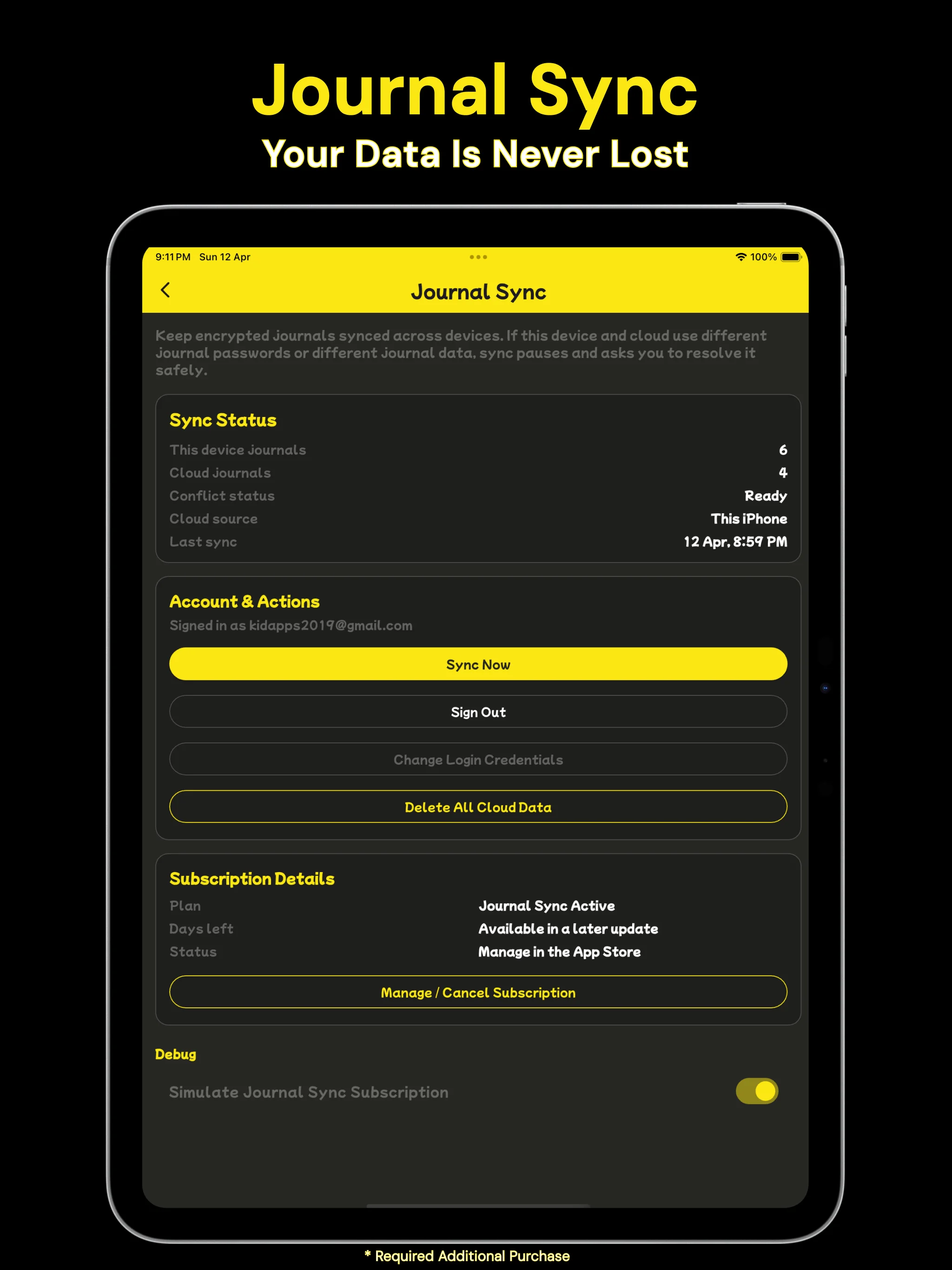 Pack Your Day Journal Sync screen showing cloud sync for encrypted journals.